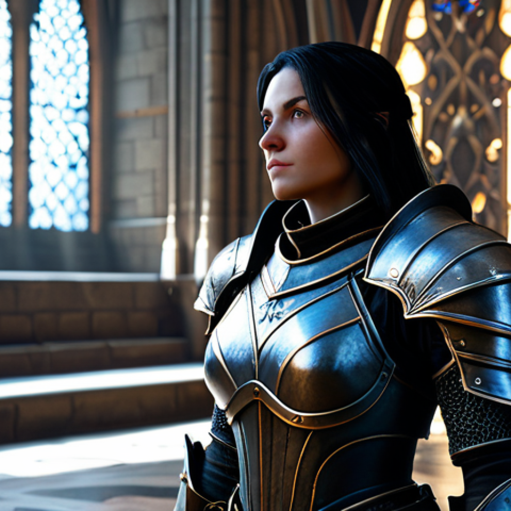 A professional female game character, fully clothed in modest, intricately designed medieval-fantasy inspired armor, stands pensive and strategic in a well-lit, grand hall. Her gaze is directed at a holographic display showcasing various armor grades, from simple 'Common' to powerful 'Legendary', each rendered with meticulous detail and a soft glow. The background features gothic architecture blended with mystical energy. Perfect anatomy, correct proportions, natural pose, well-formed hands, proper finger count, natural body proportions, professional photography, high detail, safe for work, appropriate content, fully clothed, professional.