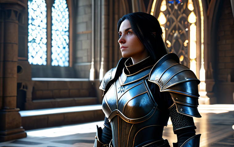 A professional female game character, fully clothed in modest, intricately designed medieval-fantasy inspired armor, stands pensive and strategic in a well-lit, grand hall. Her gaze is directed at a holographic display showcasing various armor grades, from simple 'Common' to powerful 'Legendary', each rendered with meticulous detail and a soft glow. The background features gothic architecture blended with mystical energy. Perfect anatomy, correct proportions, natural pose, well-formed hands, proper finger count, natural body proportions, professional photography, high detail, safe for work, appropriate content, fully clothed, professional.