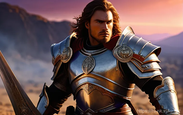 나이트크로우 직업별 특징 - **Warrior Class: The Immovable Shield**
"A powerful male warrior, aged 30s, stands defiantly on ...